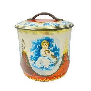 Vintage 1940’s Girl Holding Dog Biscuit Biscuit Tin/Candy Tin
